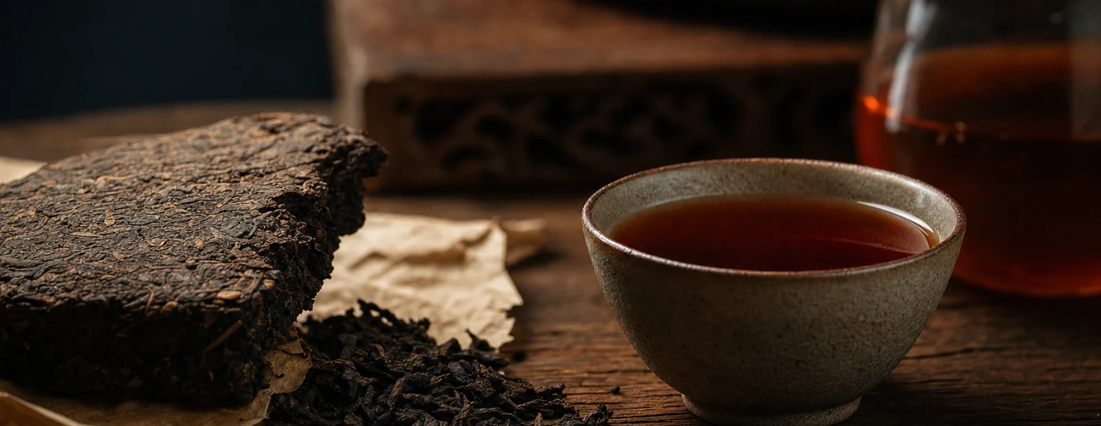 Realistic dark tea hero photograph with aged compressed tea, mahogany liquor, and teaware.