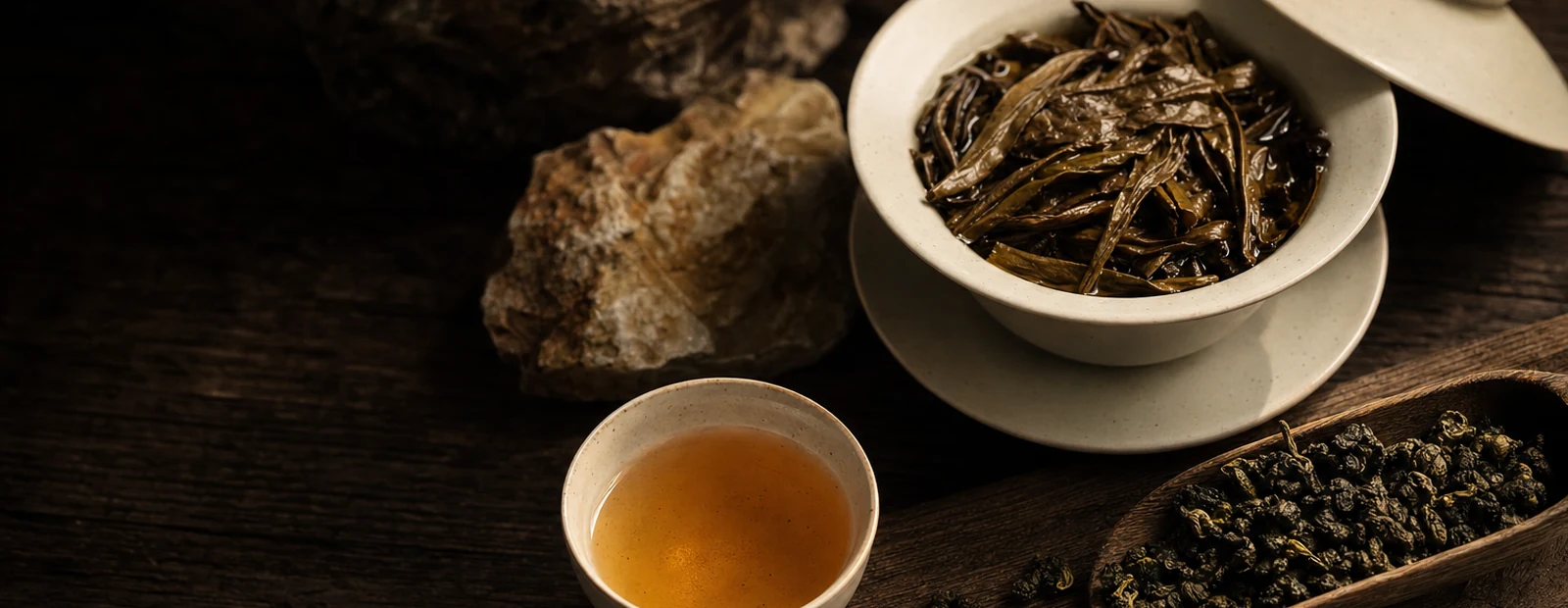 Realistic oolong tea hero photograph with roasted leaves, amber liquor, and teaware.