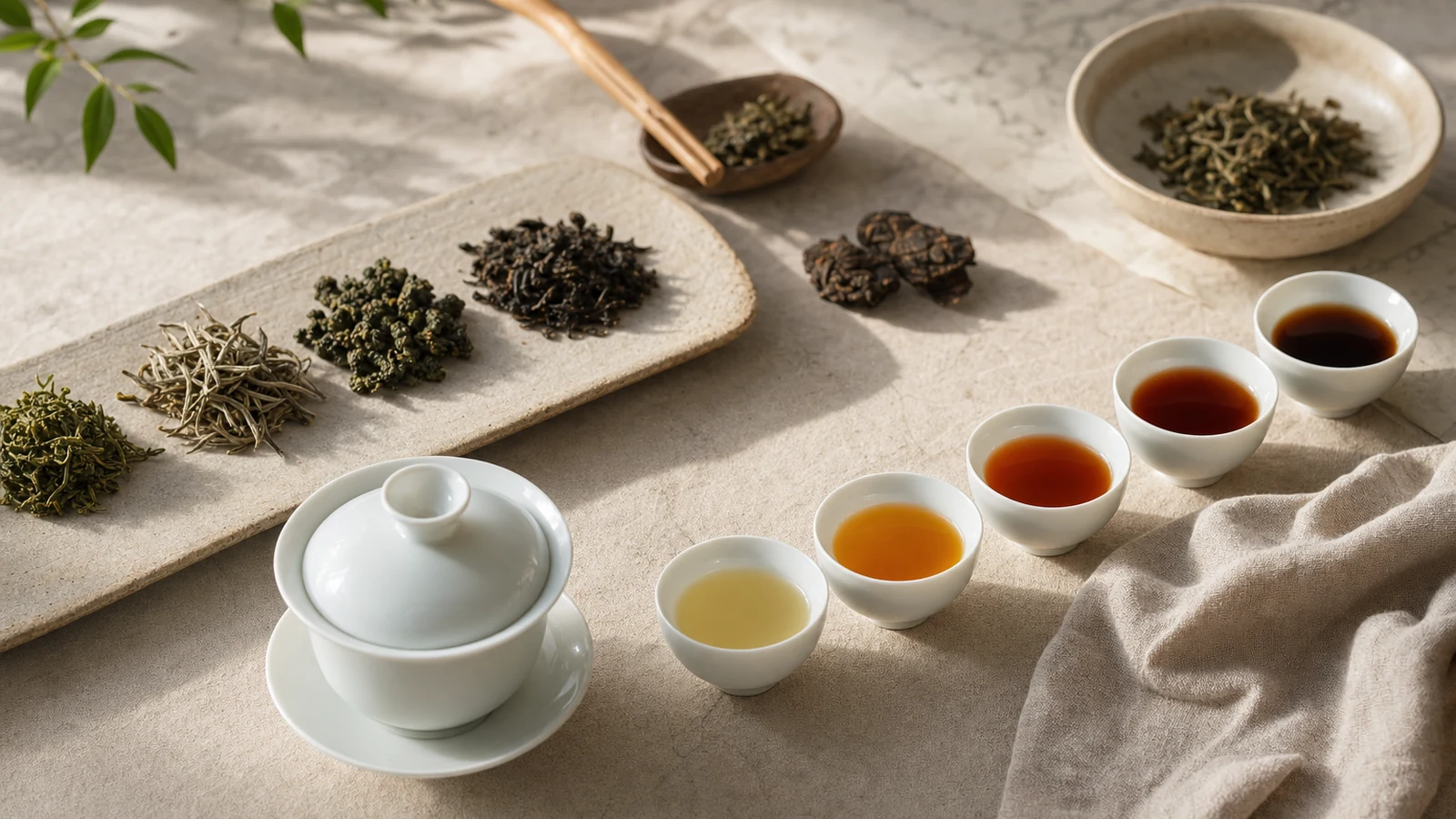Realistic tea still life with a gaiwan, tasting cups, and loose leaf specimens